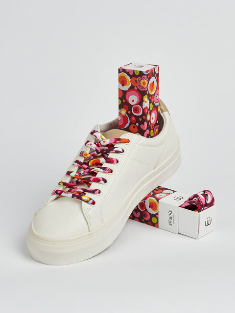 Cordones para zapatillas estampados con motivos de colores redondos rojos y rosas