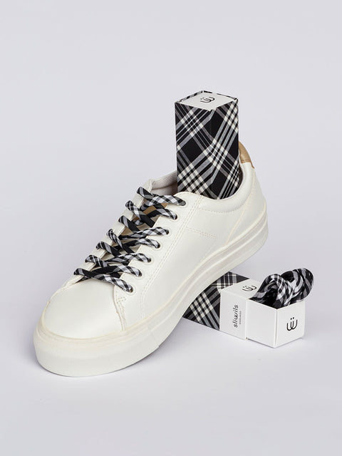 Cordones de cuadros escoceses negros y blancos para zapatillas